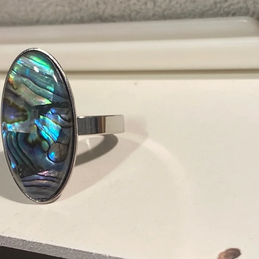 NEW Oversized Abalone Statement Ring Silver Boho Iridescent Shell Jewelry GIFT 8
